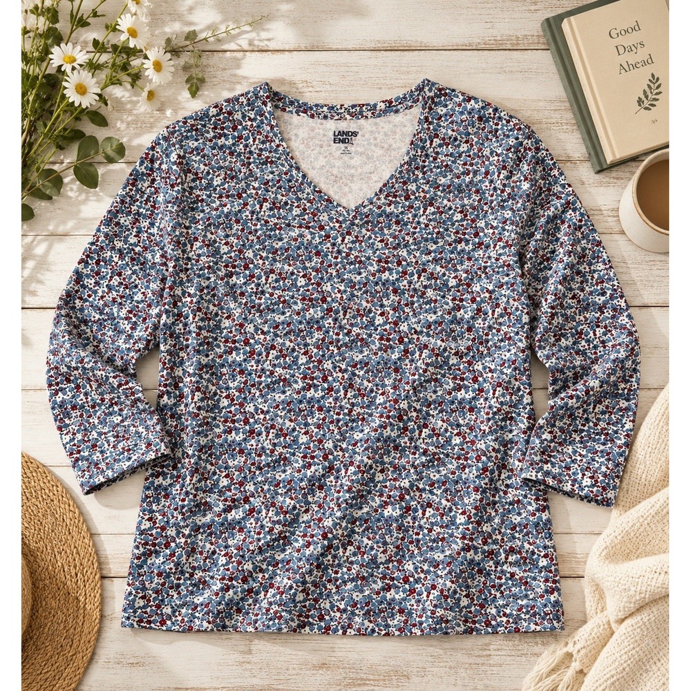 Lands' End Women's 1X 18W Floral V Neck 100% Cotton Long Sleeve Top Cottagecore - Picture 2 of 10